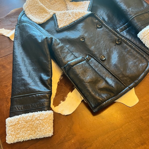 Free People Women’s Black Faux Leather Jacket with White Sherpa Lining - Picture 2 of 4